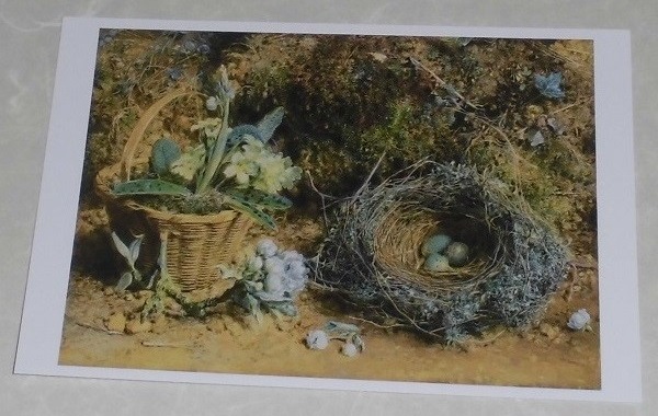 「卵のあるツグミの巣とプリムラの籠」ポストカード