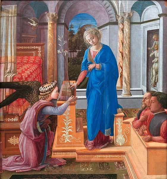 「二人のひざまずく寄進者のいる受胎告知」（1440‐1445年頃）フィリッポ・リッピ