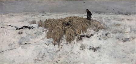 「雪の中の羊飼いと羊の群れ」（1887-88年）アントン・マウフェ