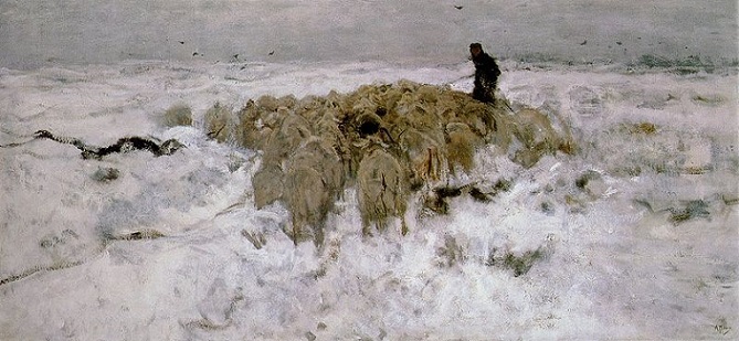 「雪の中の羊飼いと羊の群れ」（1887-88年）アントン・マウフェ
