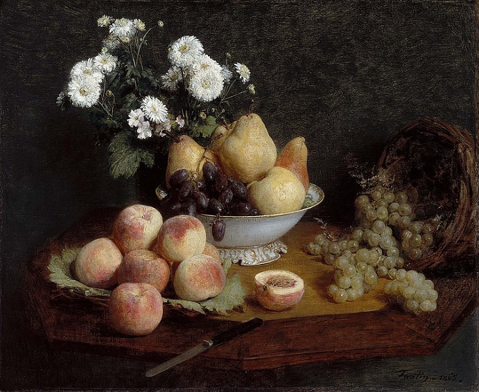 「テーブルの上の花と果物」（1865年）アンリ・ファンタン＝ラトゥール