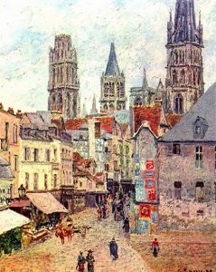 「ルーアンのエピスリー通り、朝、雨模様」（1898年）カミーユ・ピサロ