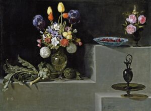 「花とサクランボ、アーティチョーク、グラスの静物」（1627年）フアン・バン・デル・アメン