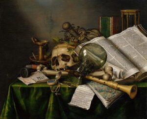 「ヴァニタス ー 書物と髑髏のある静物」（1663年）エドワールト・コリール