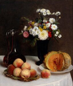 「静物（水差し、花、果物）」（1865年）アンリ・ファンタン＝ラトゥール