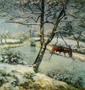「モンフーコーの冬の池、雪の効果」（1875年）カミーユ・ピサロ