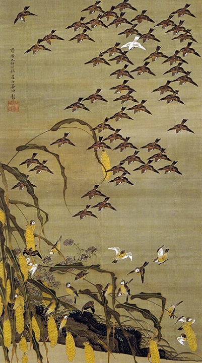 「秋塘群雀図（動植綵絵）」（1759年）伊藤若冲