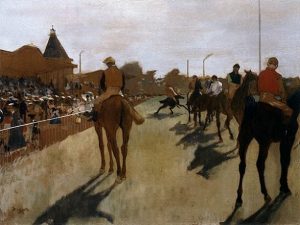 「観覧席前の競走馬」（1872年）エドガー・ドガ