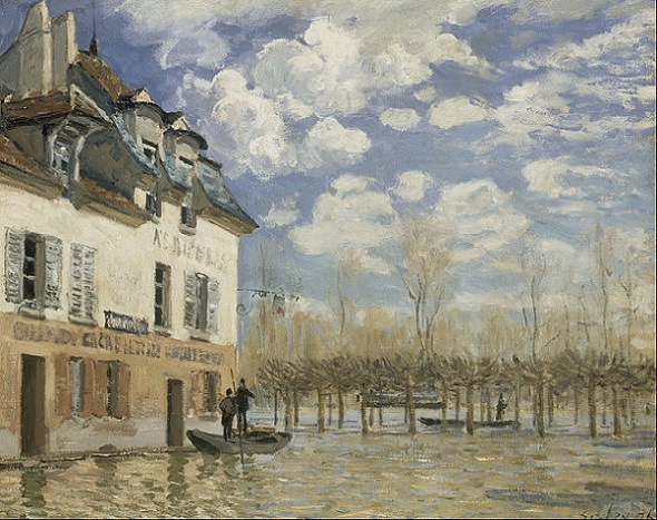 「洪水のなかの小舟、ポール＝マルリー」（1876年）アルフレッド・シスレー