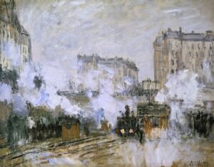 「サン＝ラザール駅の外、列車の到着」（1877年）クロード・モネ