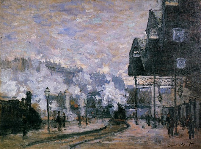 「サン＝ラザール駅、外の光景」（1877年）クロード・モネ