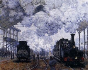 「サン＝ラザール駅、列車の到着」（1877年）クロード・モネ