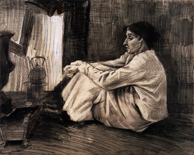 「暖炉のそばに座って、煙草をふかしているシーナ」（1882年）フィンセント・ファン・ゴッホ