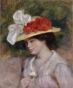 「花で飾られた帽子をかぶった女性」（1889年）ピエール＝オーギュスト・ルノワール