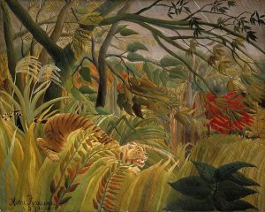 「嵐の中の虎」（1891年）アンリ・ルソー