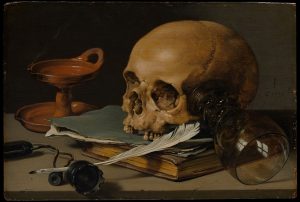 「髑髏と羽根ペンのある静物」（1628年）ピーテル・クラース