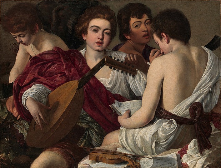 「音楽家たち」（1597年）ミケランジェロ・メリージ・ダ・カラヴァッジョ