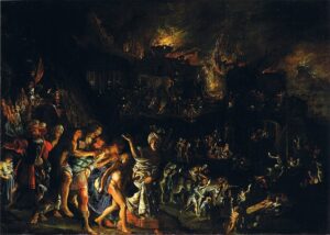 「トロイの炎上」（1604年頃）アダム・エルスハイマー