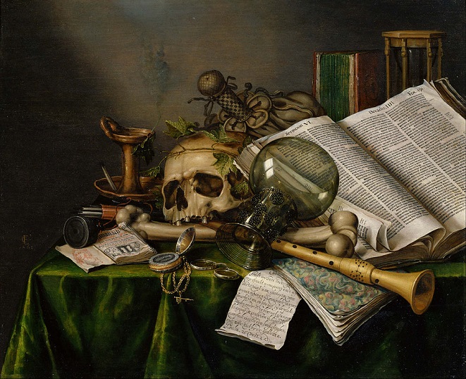 「書物と髑髏のある静物」（1663年）エドワールト・コリール