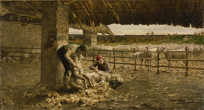 「羊の剪毛」（1883‐1884年）ジョヴァンニ・セガンティーニ