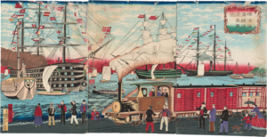 「横浜海岸鉄道蒸気車図」（1874年）歌川広重（三代）