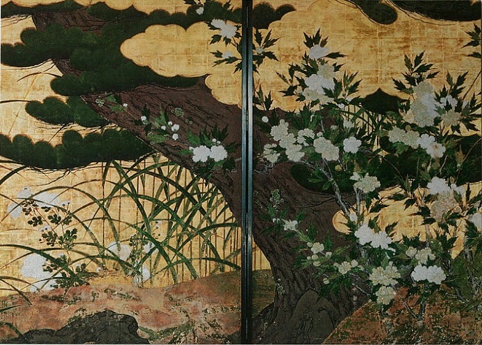「松に秋草図（右隻）」（桃山時代、16世紀）長谷川等伯
