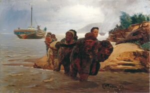 「浅瀬を渡る舟曳き」（1872年）イリヤ・レーピン