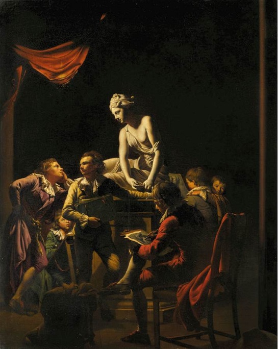 「ランプに照らされたアカデミー」（1768-69年頃）ジョゼフ・ライト・オブ・ダービー