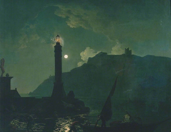 「トスカーナの海岸の灯台と月光」（1789年）ジョセフ・ライト・オブ・ダービー