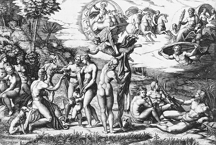 「パリスの審判（ラファエロの原画より）」（1515‐16年頃）マルカントニオ・ライモンディ