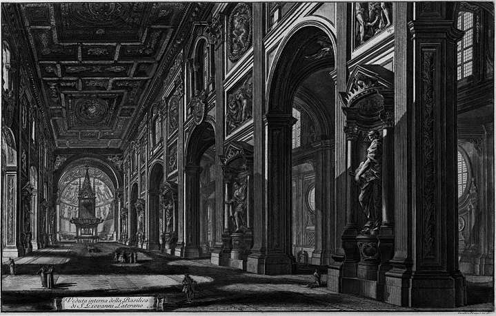 「サン・ジョヴァンニ・イン・ラテラーノ聖堂の内部（『ローマの景観』より）」（1768年）ジョヴァンニ・バッティスタ・ピラネージ