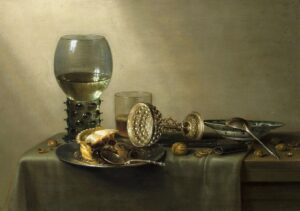 「ケーキとワイン、ビール、ナッツのある静物」（1637年）ウィレム・クラースゾーン・ヘーダ