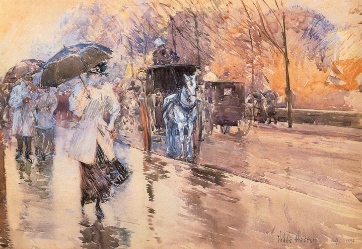 「雨の日の5番街」（1893年）フレデリック・チャイルド・ハッサム