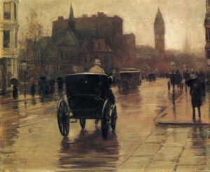 「コロンバス大通り、雨の日」（1885年）フレデリック・チャイルド・ハッサム
