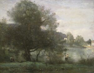 「ヴィル＝ダヴレーの牧歌的な場所ー池畔の釣り人」（1865‐1870年頃）ジャン＝バティスト＝カミーユ・コロー