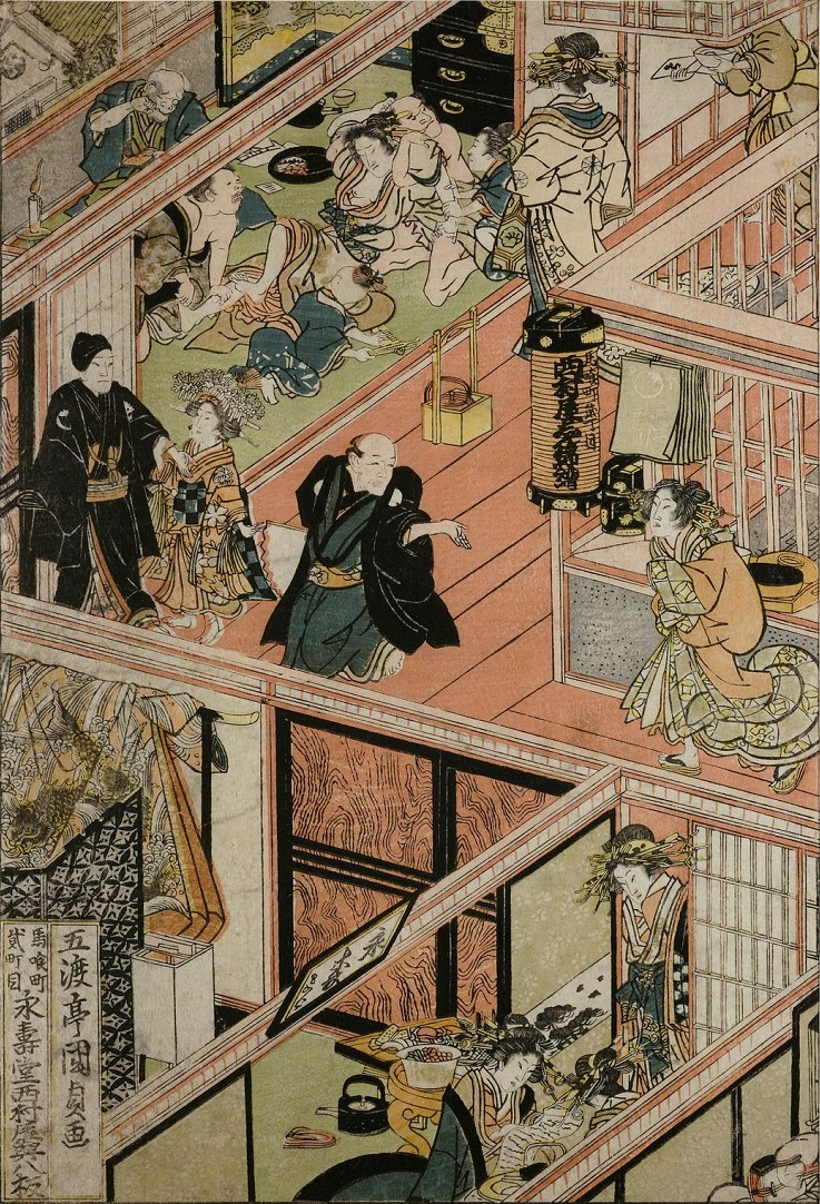 「青楼二階之図（5枚続の一部）」（1813年、文化10年）歌川国貞