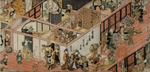 「青楼二階之図（5枚続の一部）」（1813年、文化10年）歌川国貞