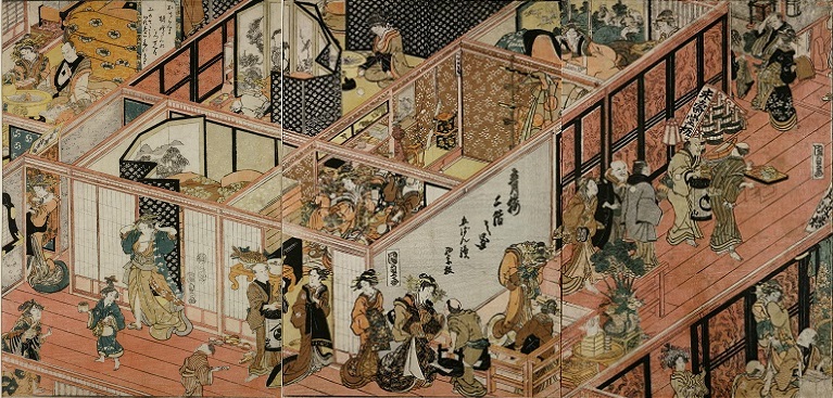 「青楼二階之図（5枚続の一部）」（1813年、文化10年）歌川国貞