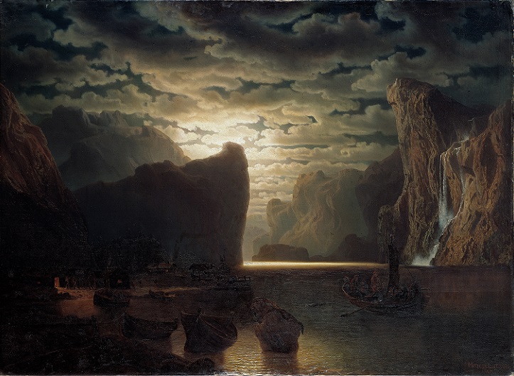 「月光のノルウェーフィヨルド」（1861年）マルクス・ラーション