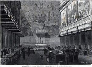 「1878年、システィーナ礼拝堂で行われた教皇選挙（コンクラーベ）」