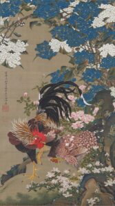 「紫陽花双鶏図（『動植綵絵』より）」（宝暦9年、1759年）伊藤若冲