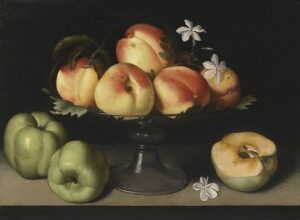「クリスタルスタンド上の桃、マルメロとジャスミンのある静物」（1607年）フェーデ・ガリツィア