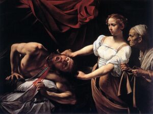「ホロフェルネスの首を斬るユーディット」（1598-1599年頃）ミケランジェロ・メリージ・ダ・カラヴァッジオ