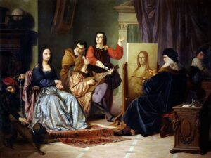 『絵画「モナ・リザ」を描くレオナルド・ダ・ヴィンチ』（1863年）チェーザレ・マッカリ