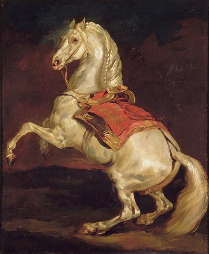 「後ろ足で立つ赤い織物を付けた馬」（1812年）テオドール・ジェリコー