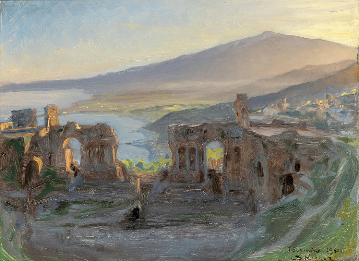 「エトナ火山、タオルミーナからの夕方の風景」（1901年）ペーダー・セヴェリン・クロイヤー