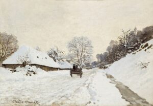 「荷車、オンフルールの雪道」（1867年頃）クロード・モネ