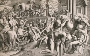 「城内に木馬を引き入れるトロイの人々」（1545年）ジュリオ・ボナソーネ