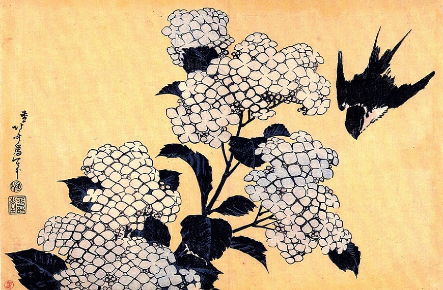 「紫陽花に燕」(江戸時代、19世紀)葛飾北斎