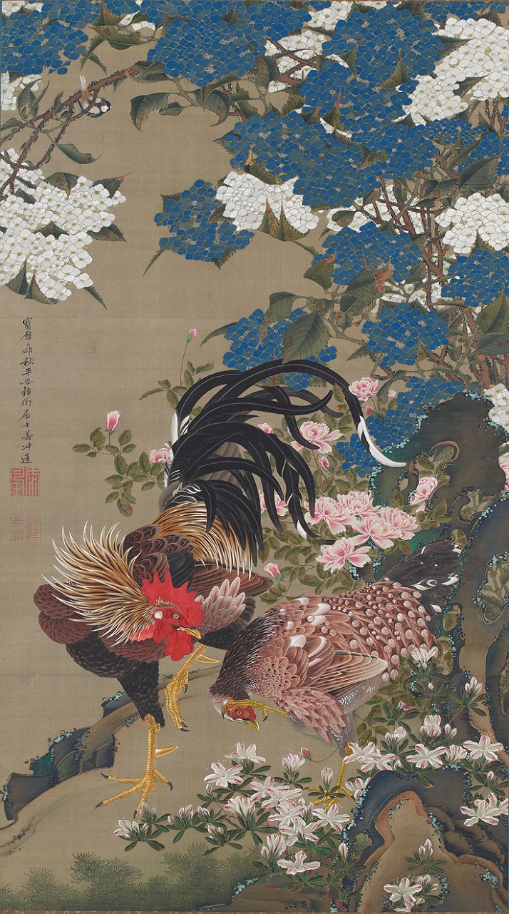 「紫陽花双鶏図(『動植綵絵』より)」(宝暦9年、1759年)伊藤若冲
